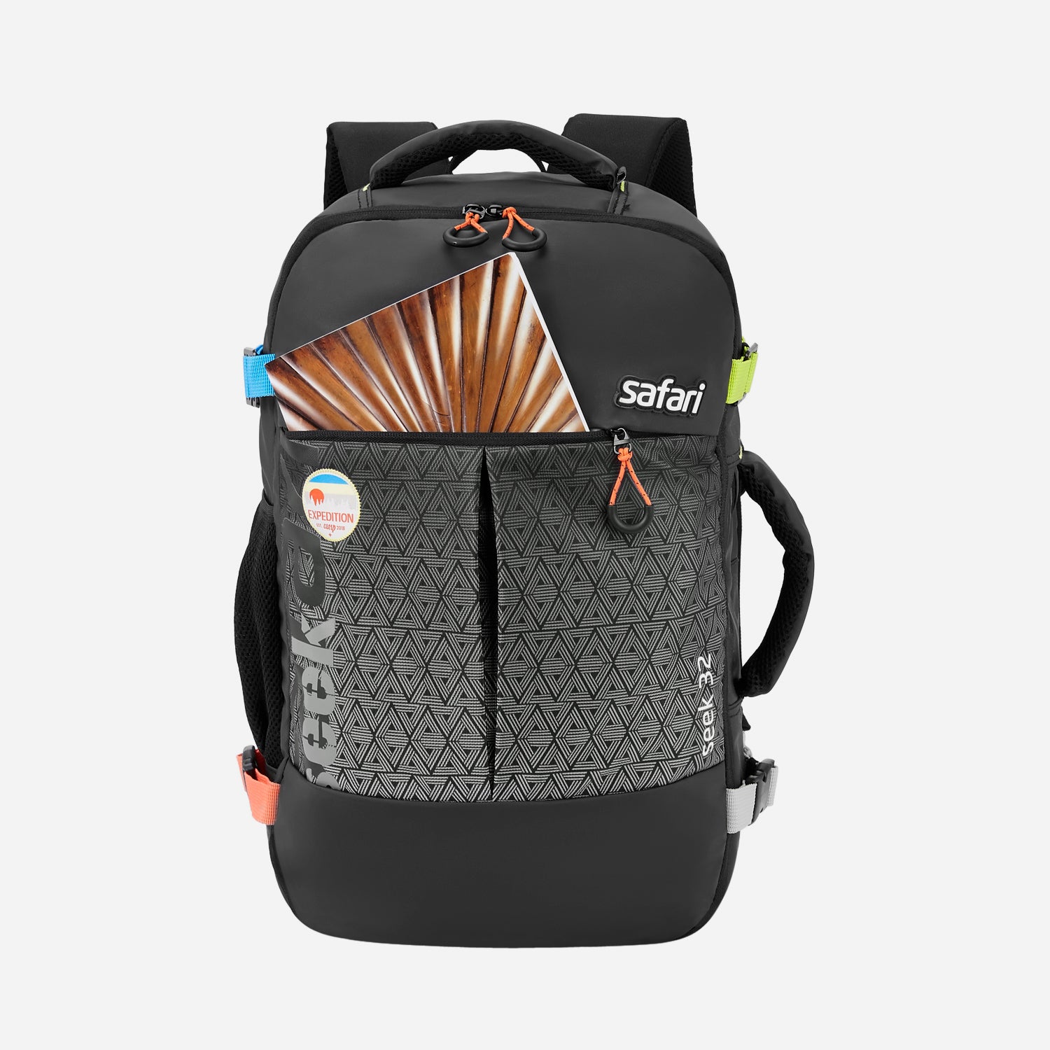 Front view of a black Safari backpack with the top flap open, revealing a textured inside cover.