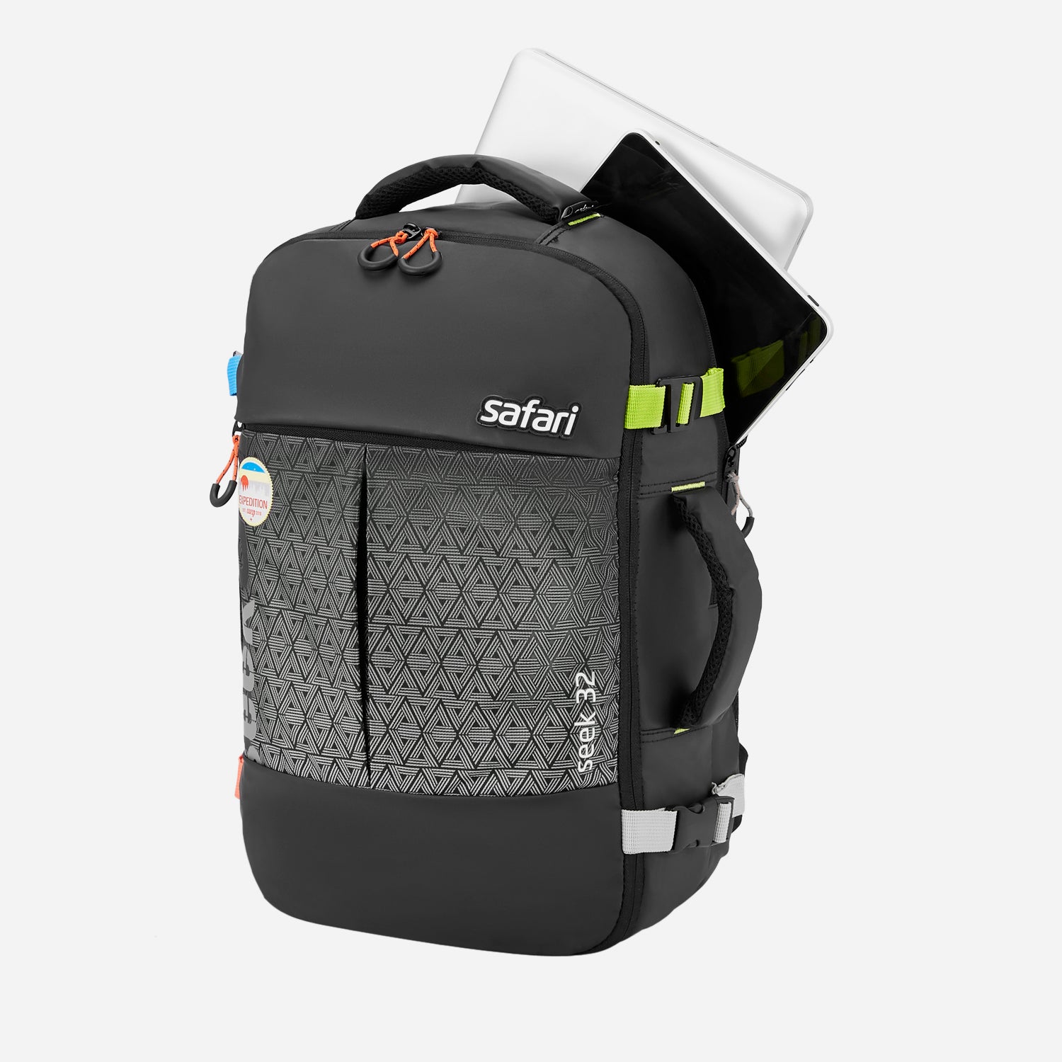 A black Safari backpack with a laptop and tablet protruding from the main compartment.