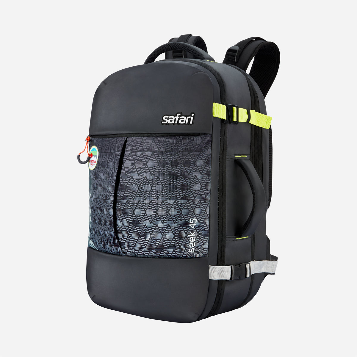 A sleek black Safari backpack with a geometric patterned front pocket and bright yellow highlights.