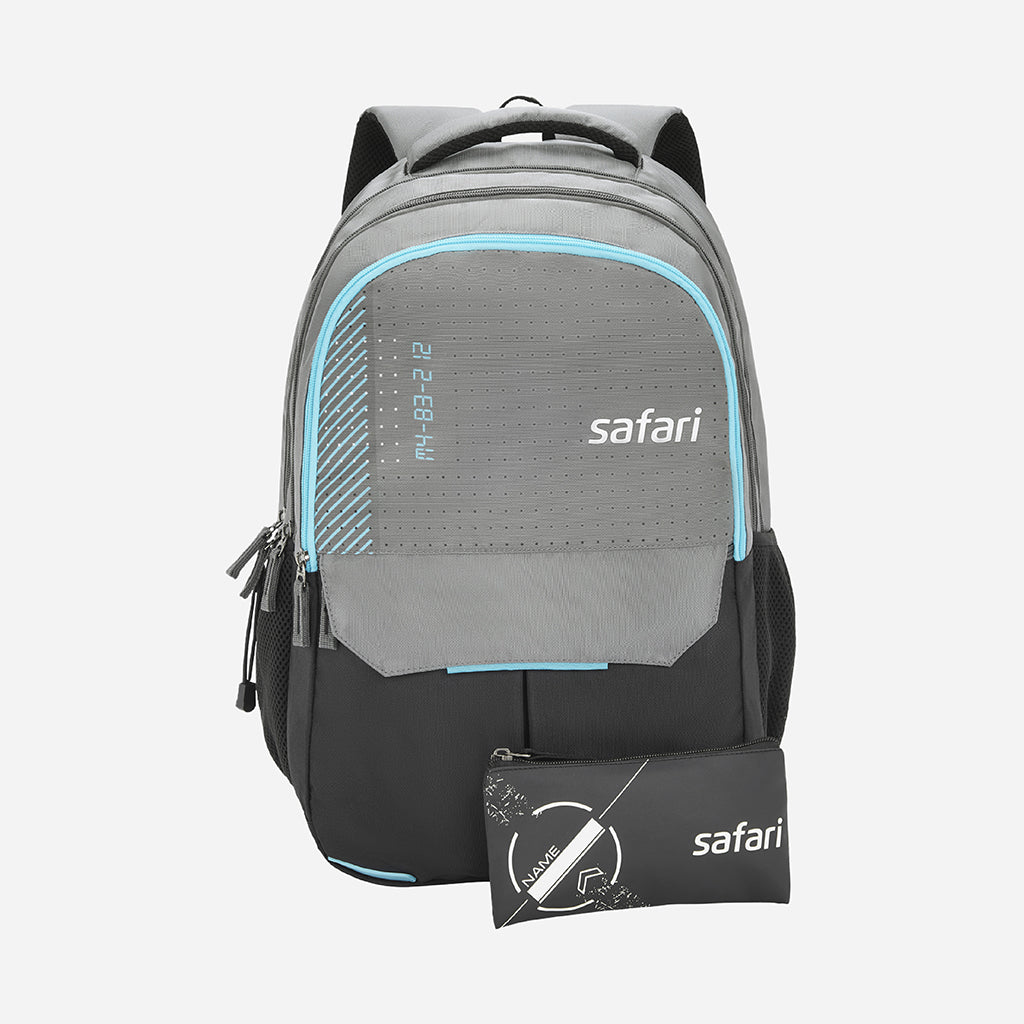 A front view of a gray and black Safari backpack with a blue outline and an external pouch.