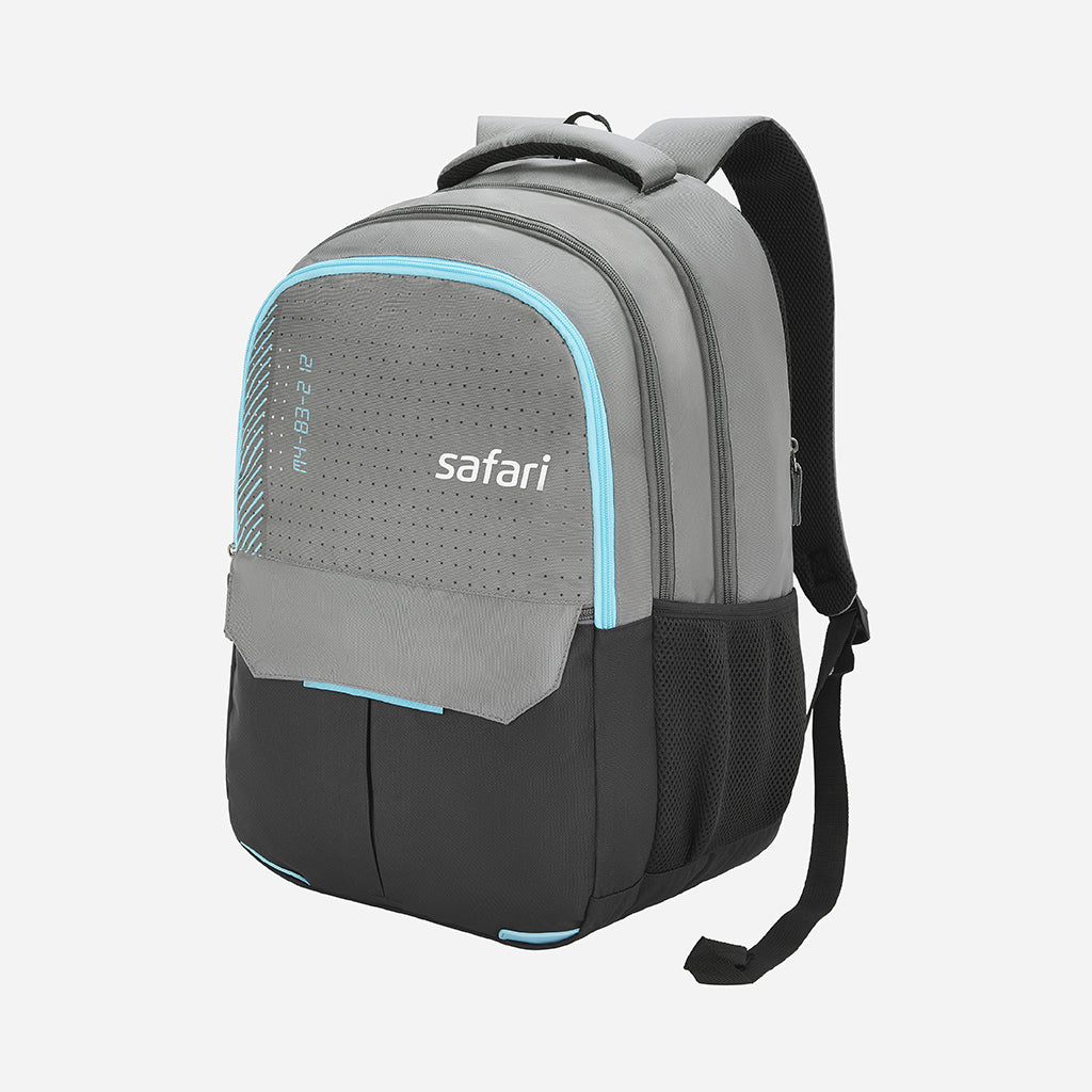 A side view of a gray and black Safari backpack with blue trim and a ventilated front pocket.