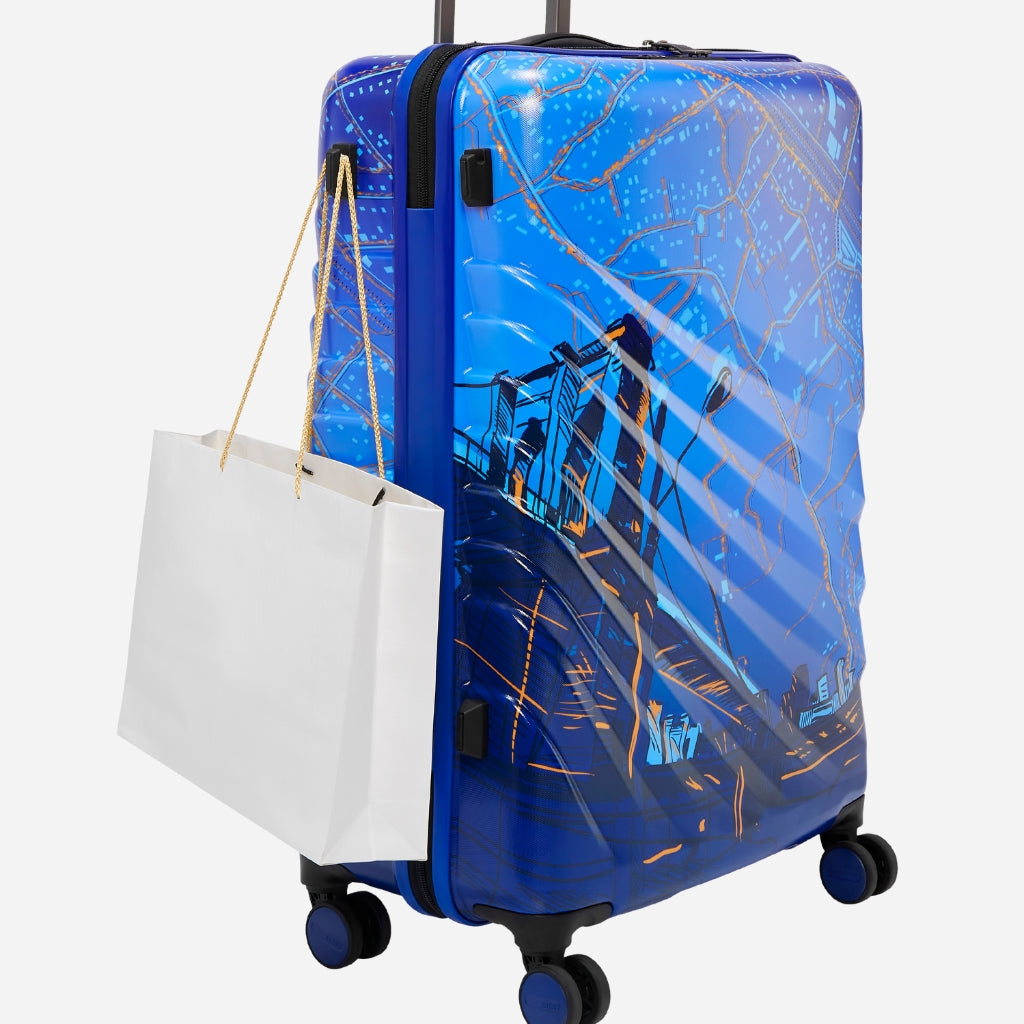 Safari Brooklyn Printed Blue Trolley Bag with TSA Lock, Dual wheels, Side Hooks and Wet Pouch