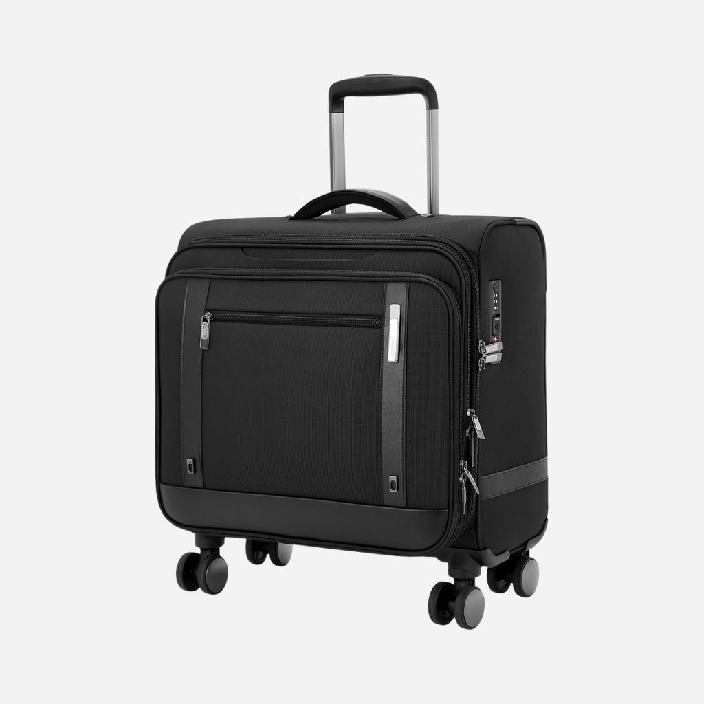 Safari Falcon Black Overnighter Laptop Trolley Bag with TSA Lock and Detailed Interior.