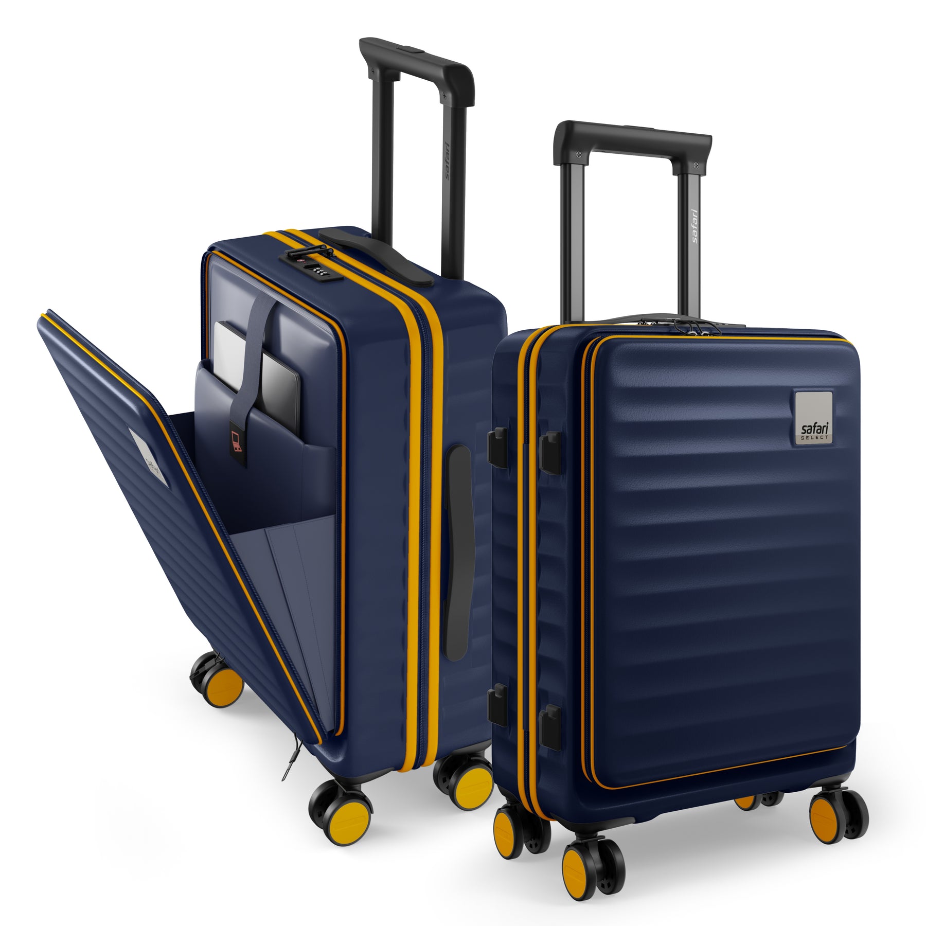 Safari Select Froniq Navy Blue Front opening Trolley Bag with TSA Lock, Dual wheels and Anti-Theft Zipper