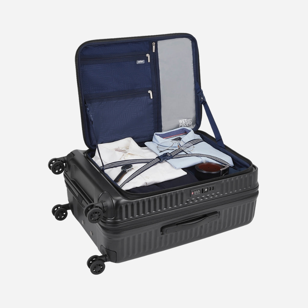 Safari Select Recoil Black Large Front opening Trolley Bag with Expander, TSA Lock, Dual wheels and Anti-Theft Zipper