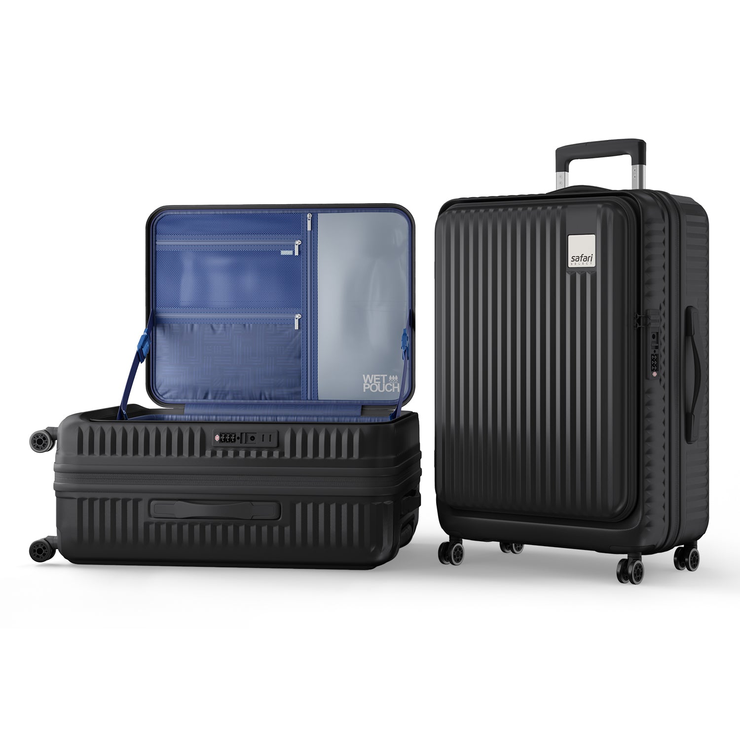 Safari Select Recoil Black Large Front opening Trolley Bag with Expander, TSA Lock, Dual wheels and Anti-Theft Zipper