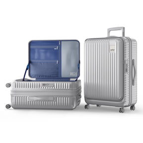 Safari Select Recoil Silver Large Front Opening Trolley Bag with Expander, TSA Lock, Dual wheels and Anti-Theft Zipper