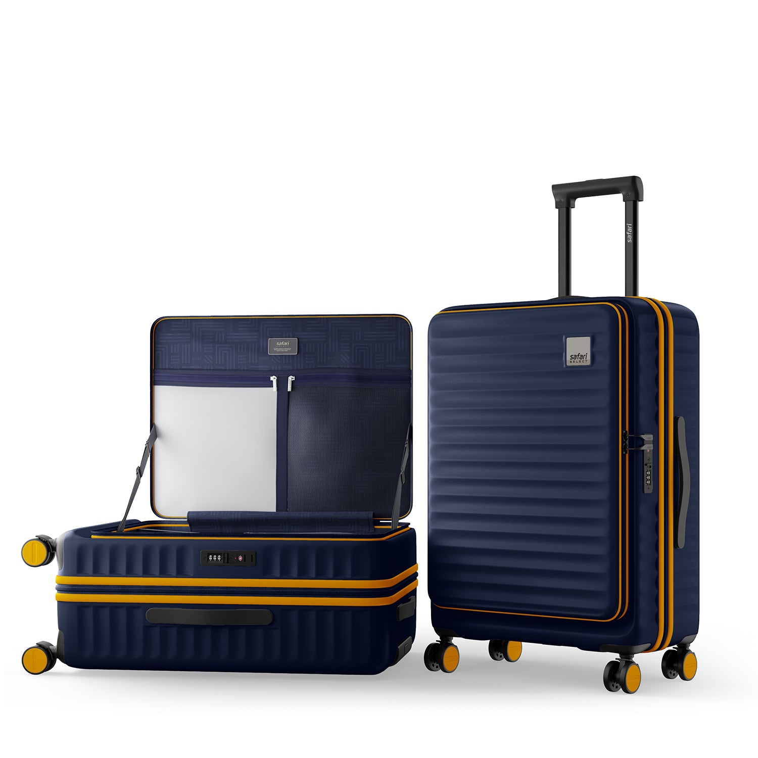 Safari Select Froniq Navy Blue Front opening Trolley Bag with TSA Lock, Dual wheels and Anti-Theft Zipper