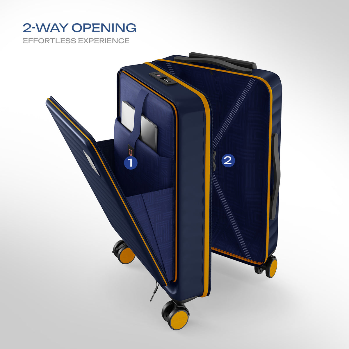 Safari Select Froniq Navy Blue Front opening Trolley Bag with TSA Lock, Dual wheels and Anti-Theft Zipper
