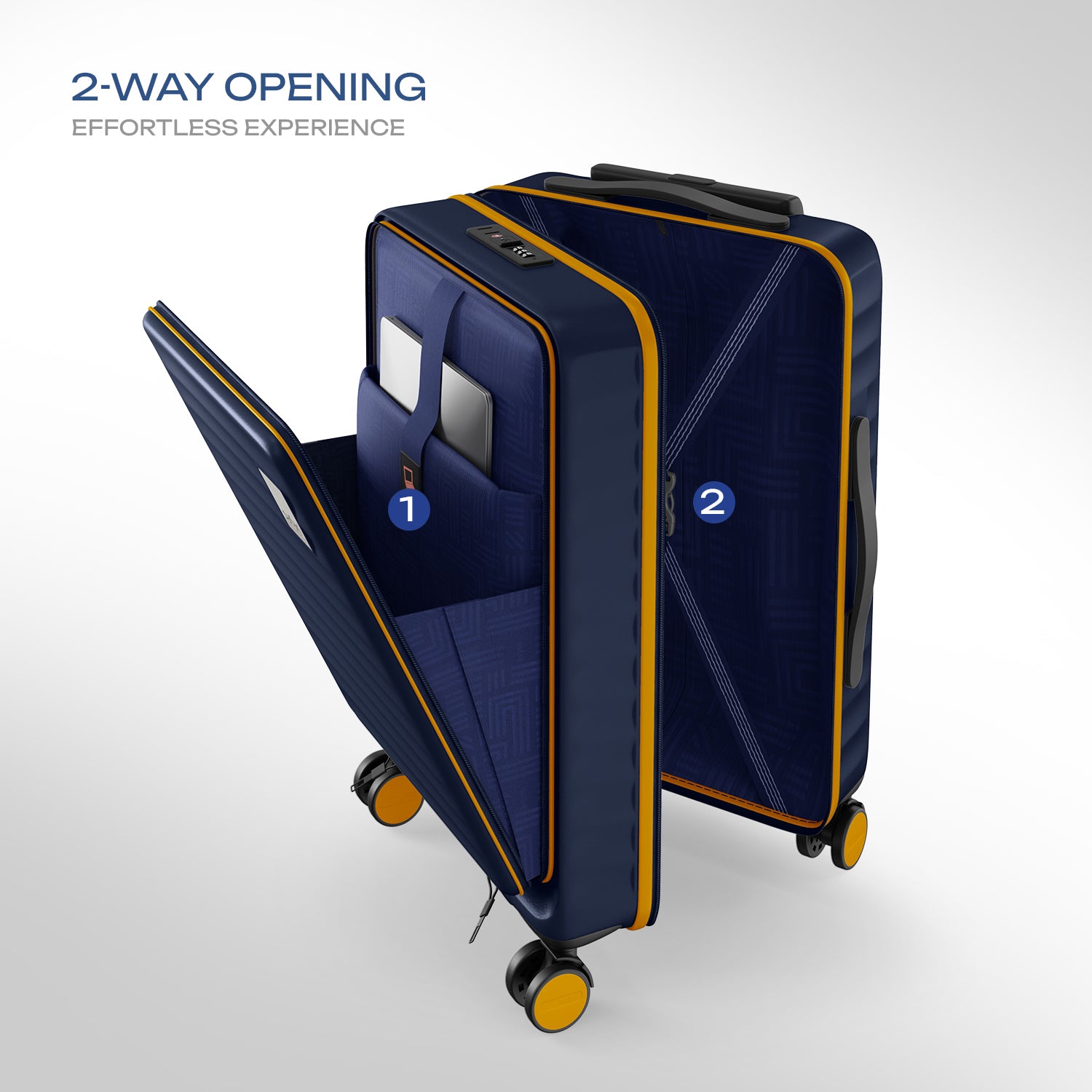 Safari Select Froniq Navy Blue Front opening Trolley Bag with TSA Lock, Dual wheels and Anti-Theft Zipper