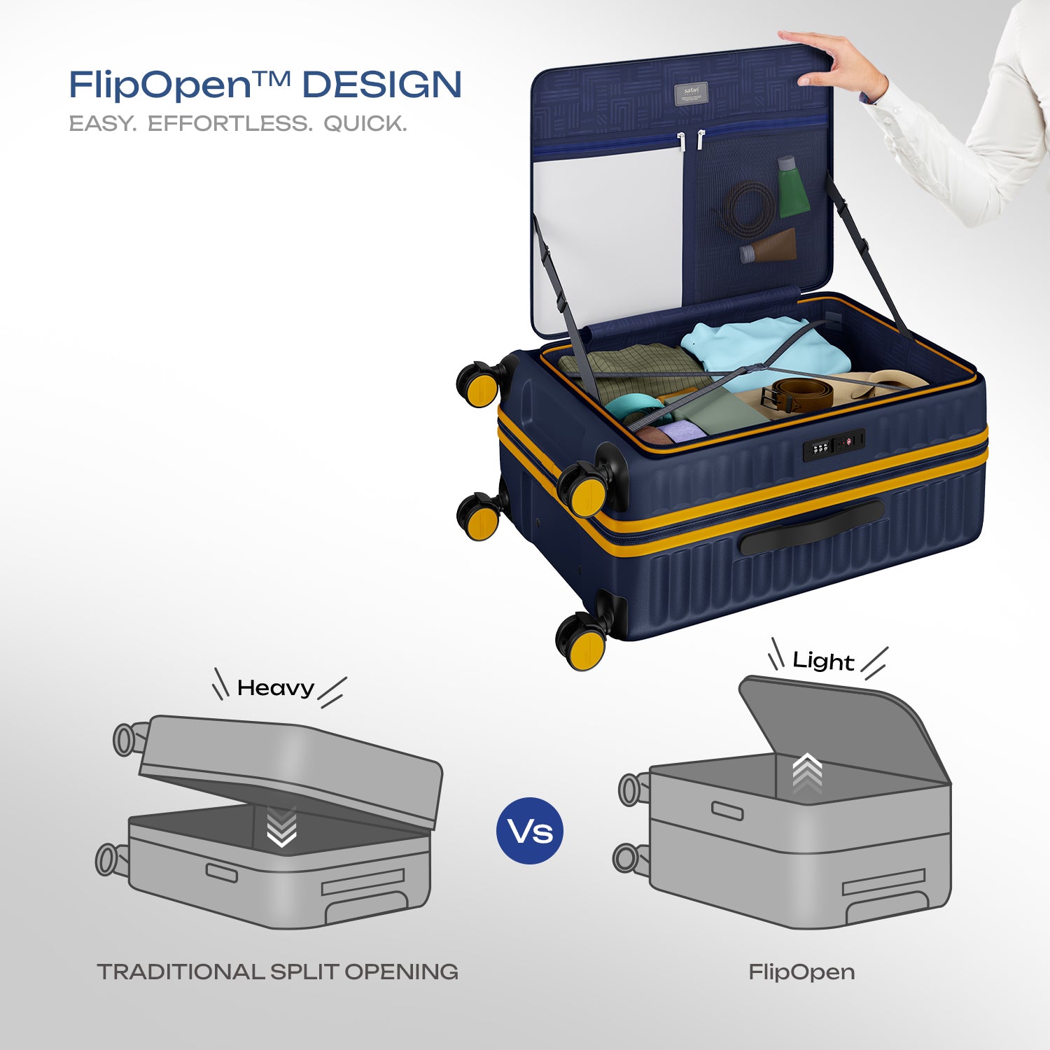 Safari Select Froniq Navy Blue Front opening Trolley Bag with TSA Lock, Dual wheels and Anti-Theft Zipper