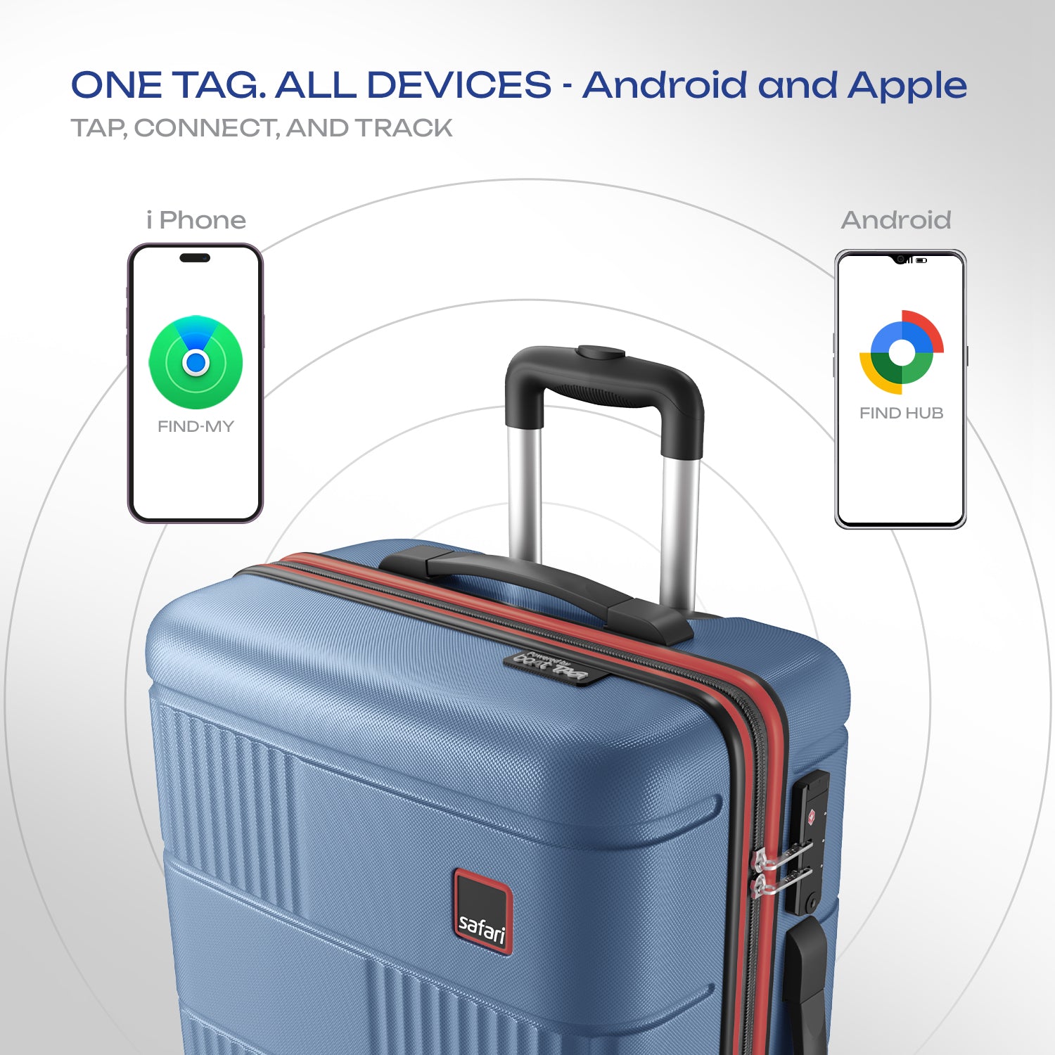 Safari Trackr GPS Enabled Steel Blue Trolley Bag with BoAt tag, TSA Lock, Dual wheels and Wet Pouch Organized Interior