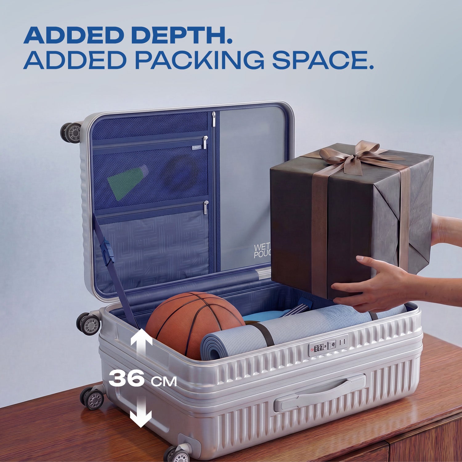 Safari Select Recoil Silver Large Front Opening Trolley Bag with Expander, TSA Lock, Dual wheels and Anti-Theft Zipper