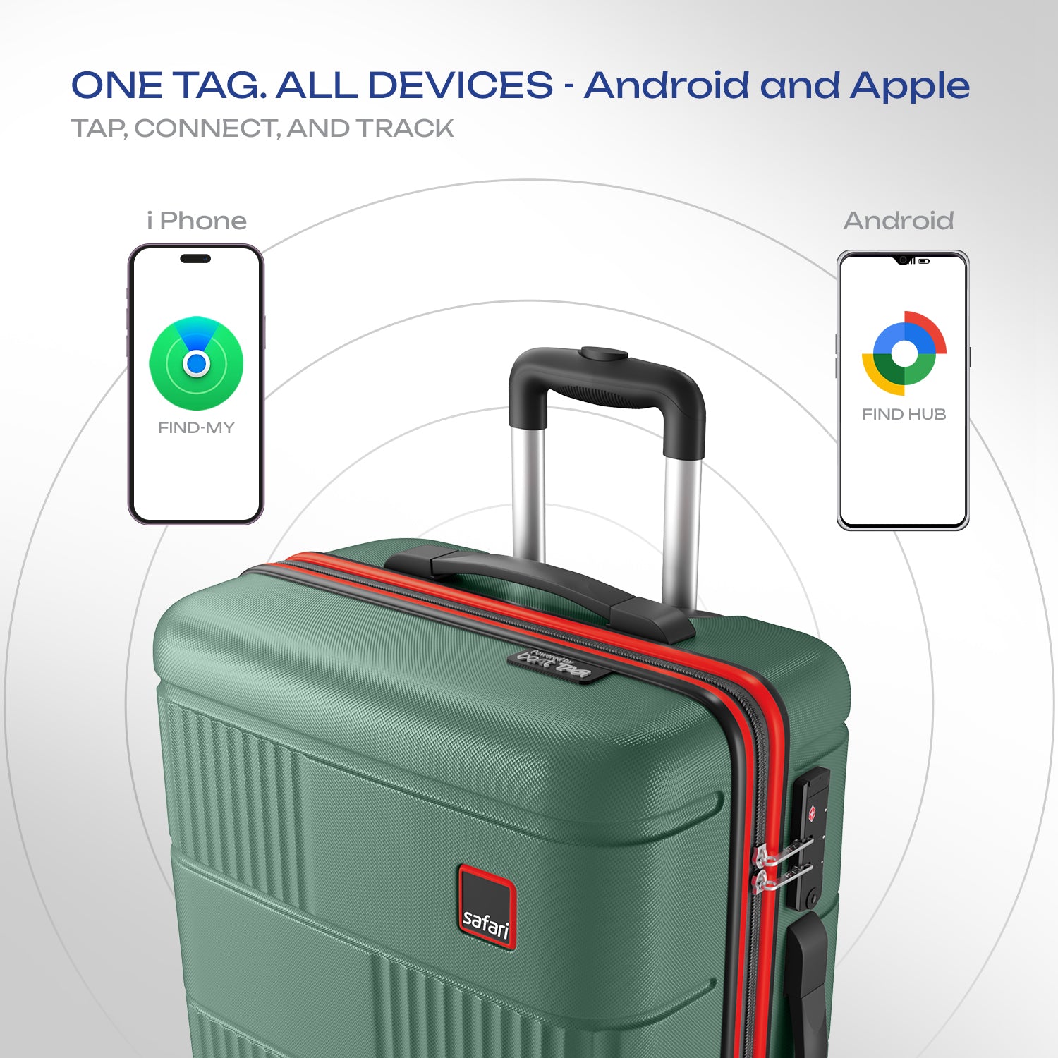 Safari Trackr GPS Enabled Dusk Green Trolley Bag with BoAt tag, TSA Lock, Dual wheels and Wet Pouch Organized Interior