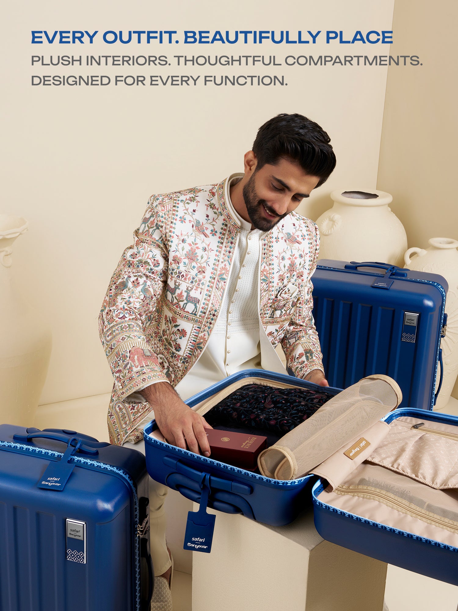 Safari x Manyavar Eterna Wedding Trolley Bag with Dual Wheels and TSA lock - Graphite Blue