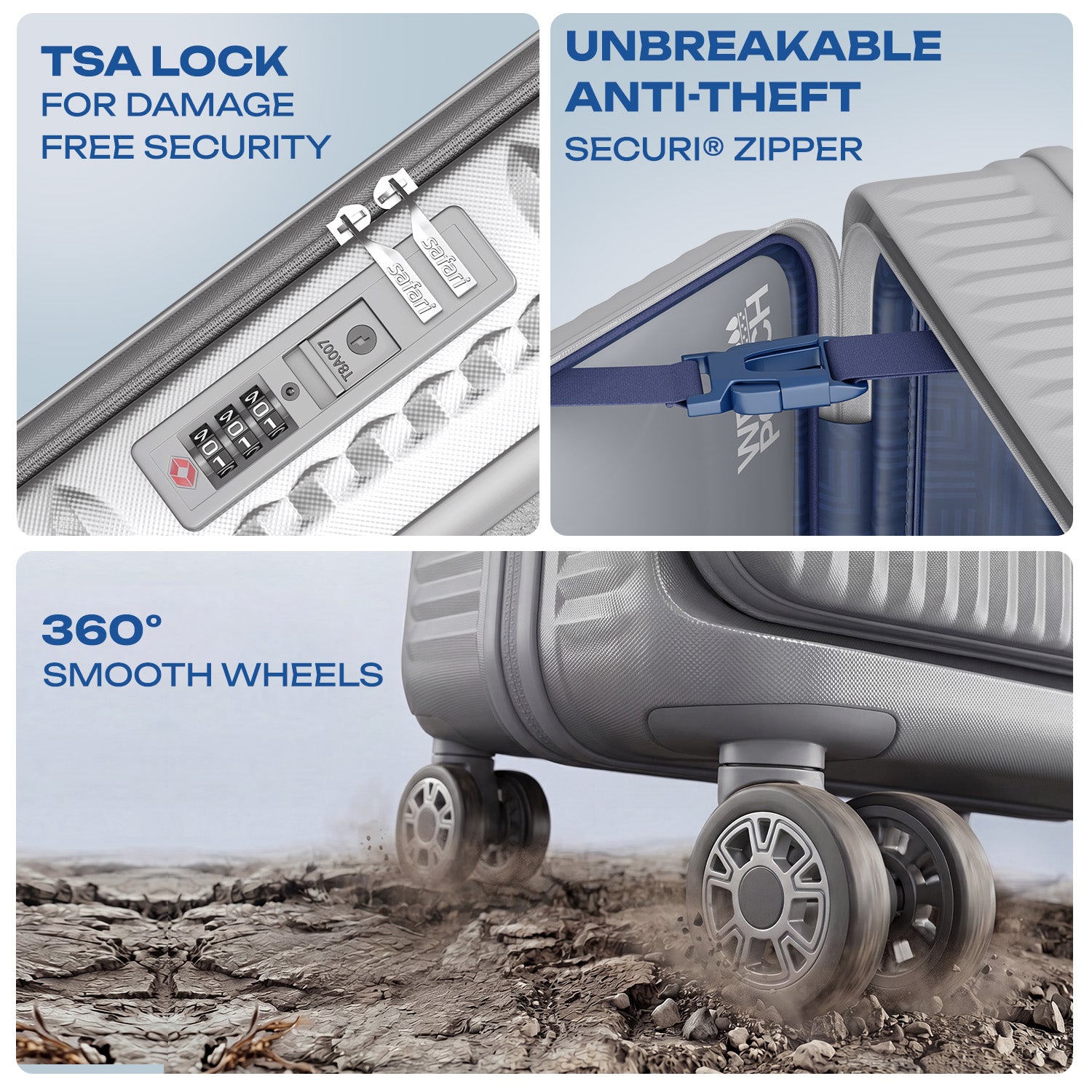 Safari Select Recoil Silver Medium Front opening Trolley Bag with Expander,, TSA Lock, Dual wheels and Anti-Theft Zipper