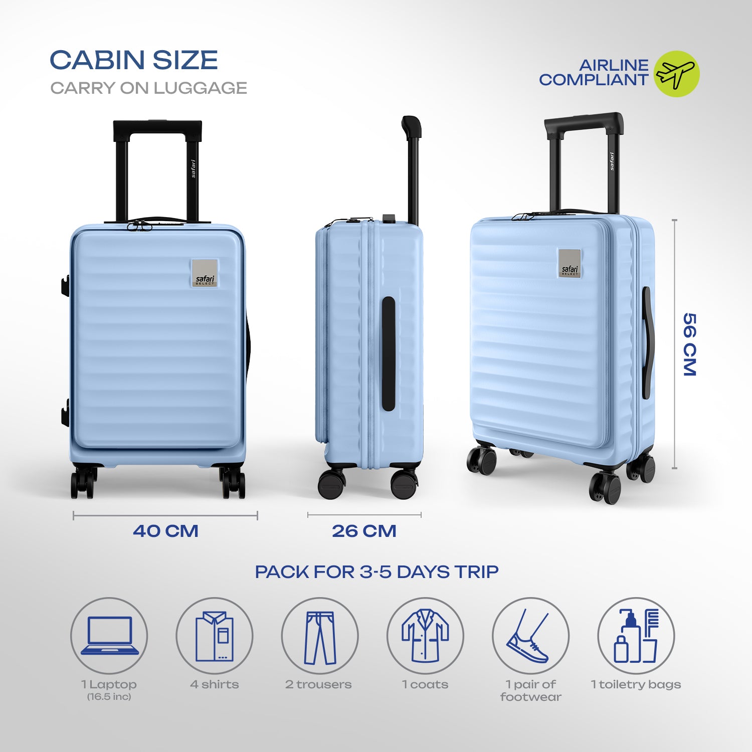 Safari Select Froniq Frost Grey Front opening Trolley Bag with TSA Lock, Dual wheels and Anti-Theft Zipper