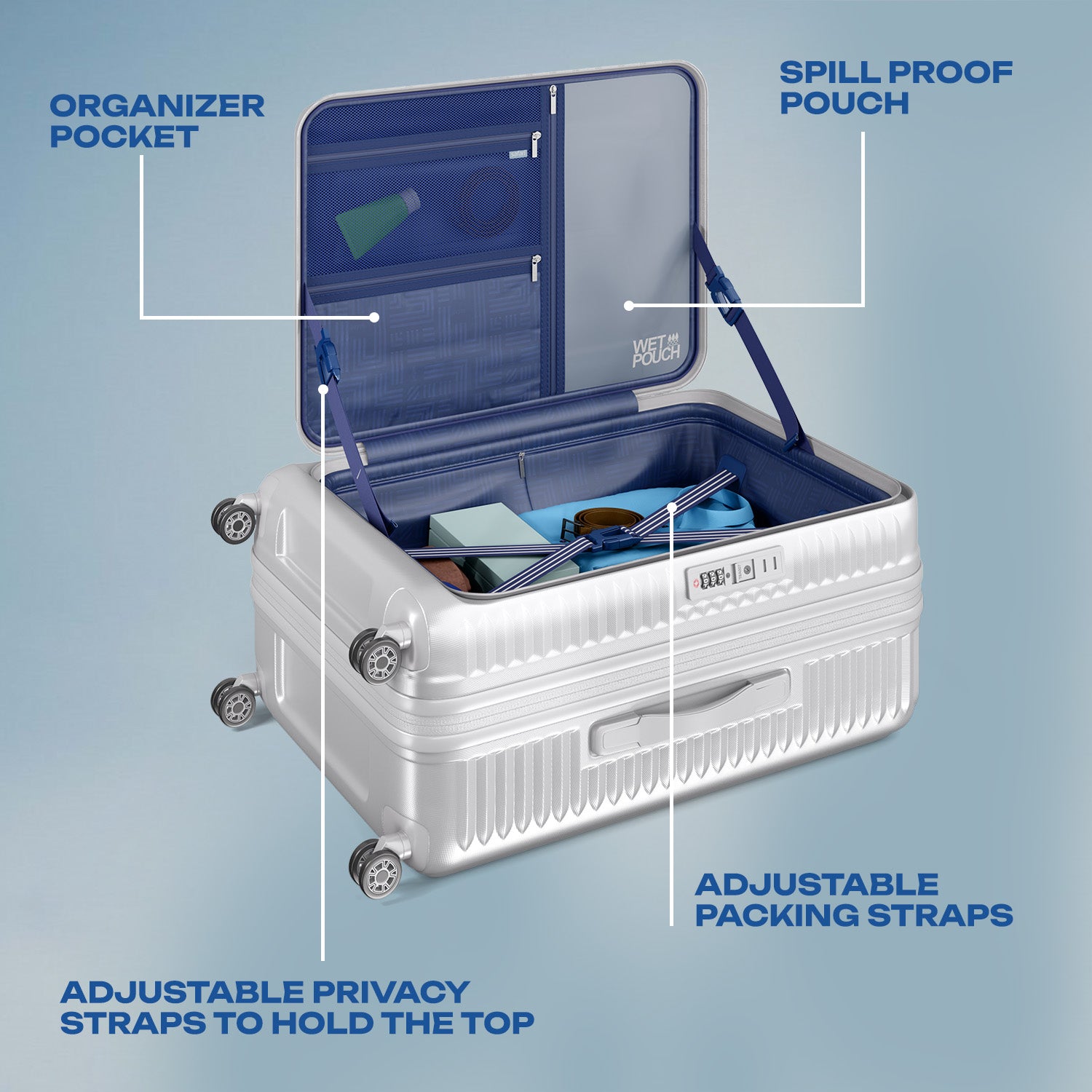Safari Select Recoil Silver Large Front Opening Trolley Bag with Expander, TSA Lock, Dual wheels and Anti-Theft Zipper