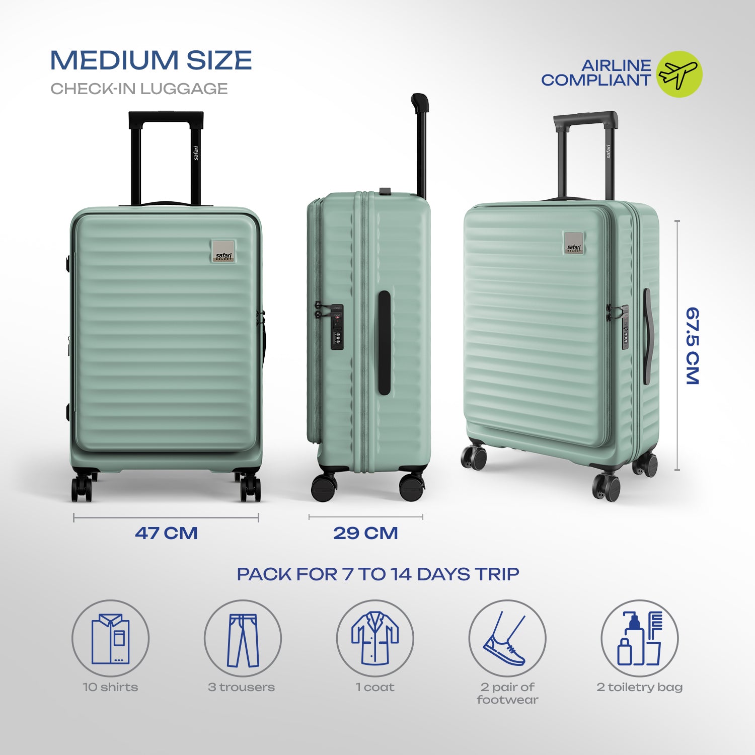 Safari Select Froniq Fresh mint Front opening Trolley Bag with TSA Lock, Dual wheels and Anti-Theft Zipper