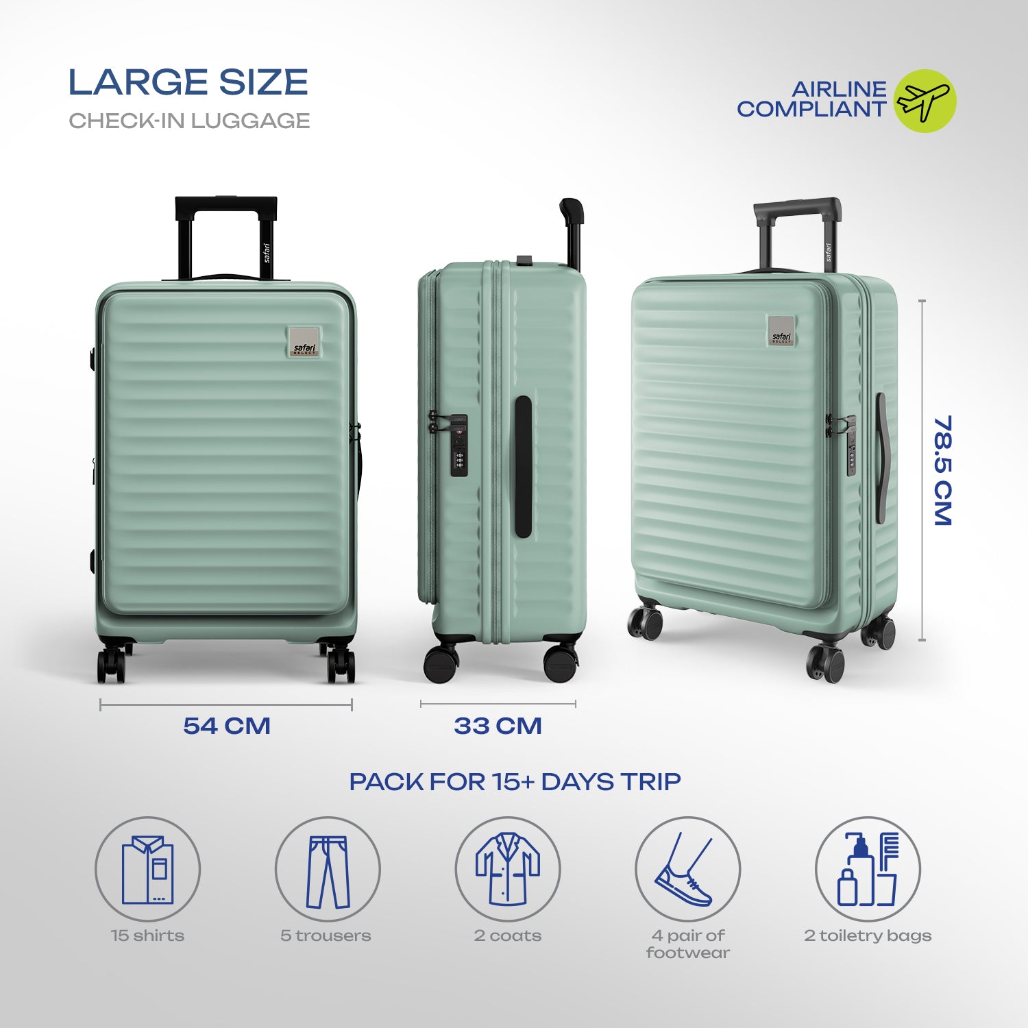 Safari Select Froniq Fresh mint Front opening Trolley Bag with TSA Lock, Dual wheels and Anti-Theft Zipper