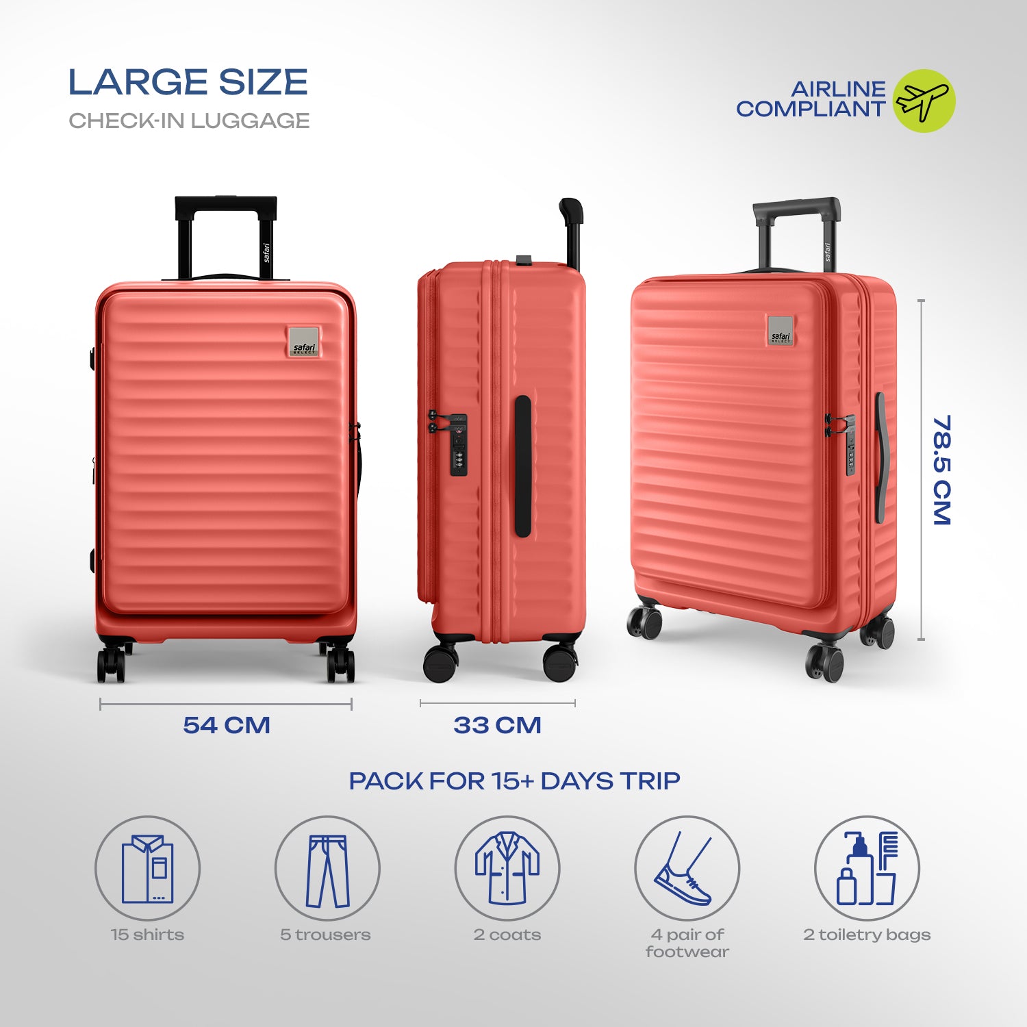 Safari Select Froniq Coral Front opening Trolley Bag with TSA Lock, Dual wheels and Anti-Theft Zipper