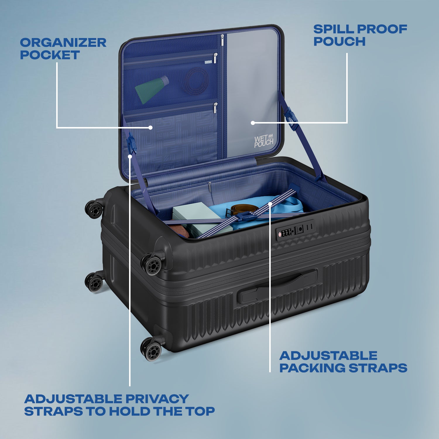Safari Select Recoil Black Large Front opening Trolley Bag with Expander, TSA Lock, Dual wheels and Anti-Theft Zipper