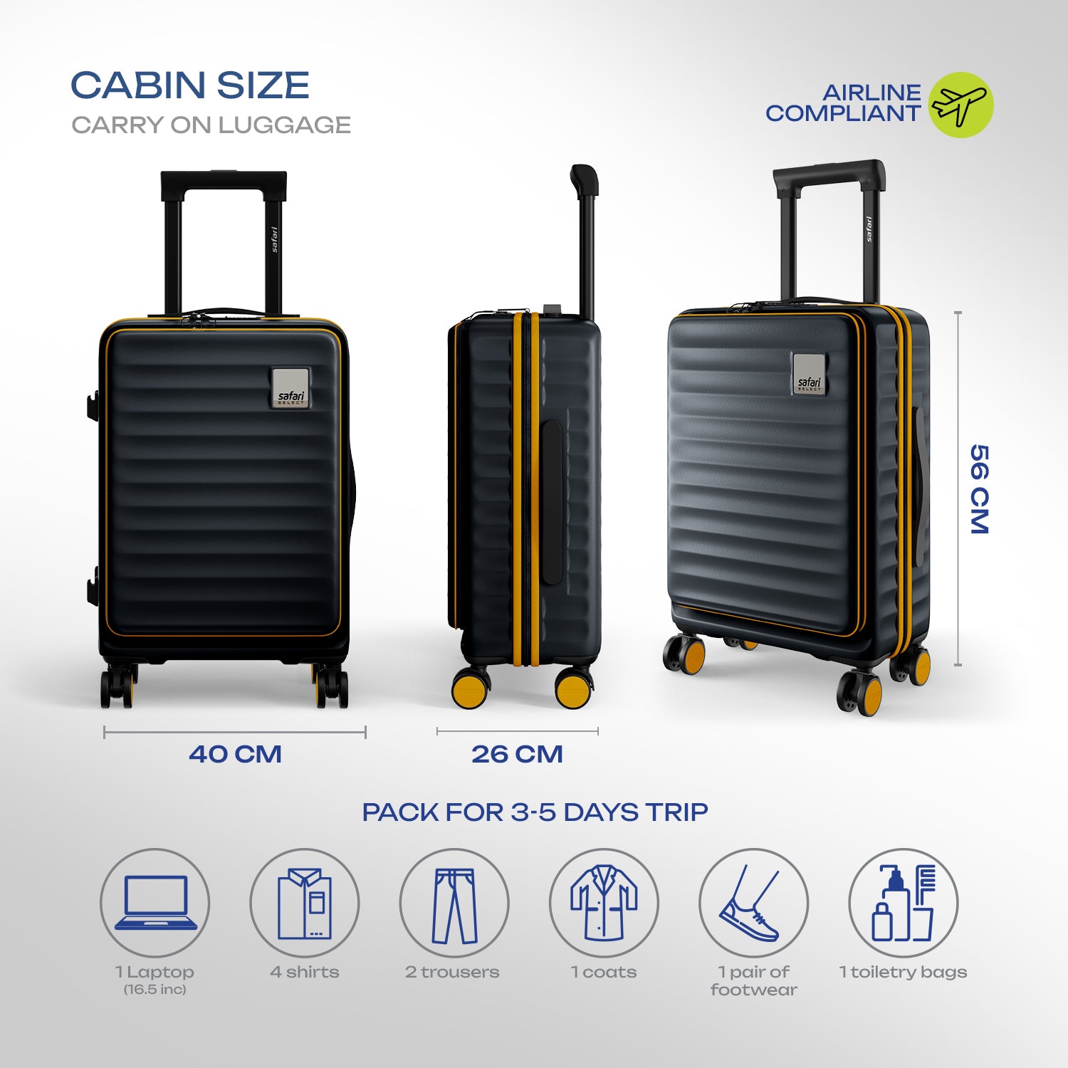 Safari Select Froniq Carbon Front opening Trolley Bag with TSA Lock, Dual wheels and Anti-Theft Zipper