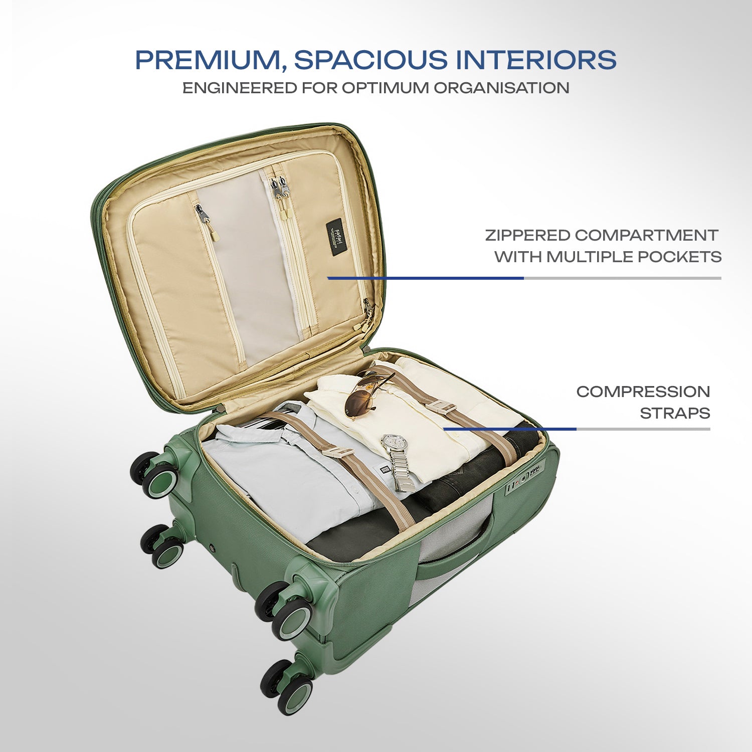 Safari Select Panorama Trolley Bag with Dual Wheels, TSA Lock and Anti-Theft Zipper (Urban Green)