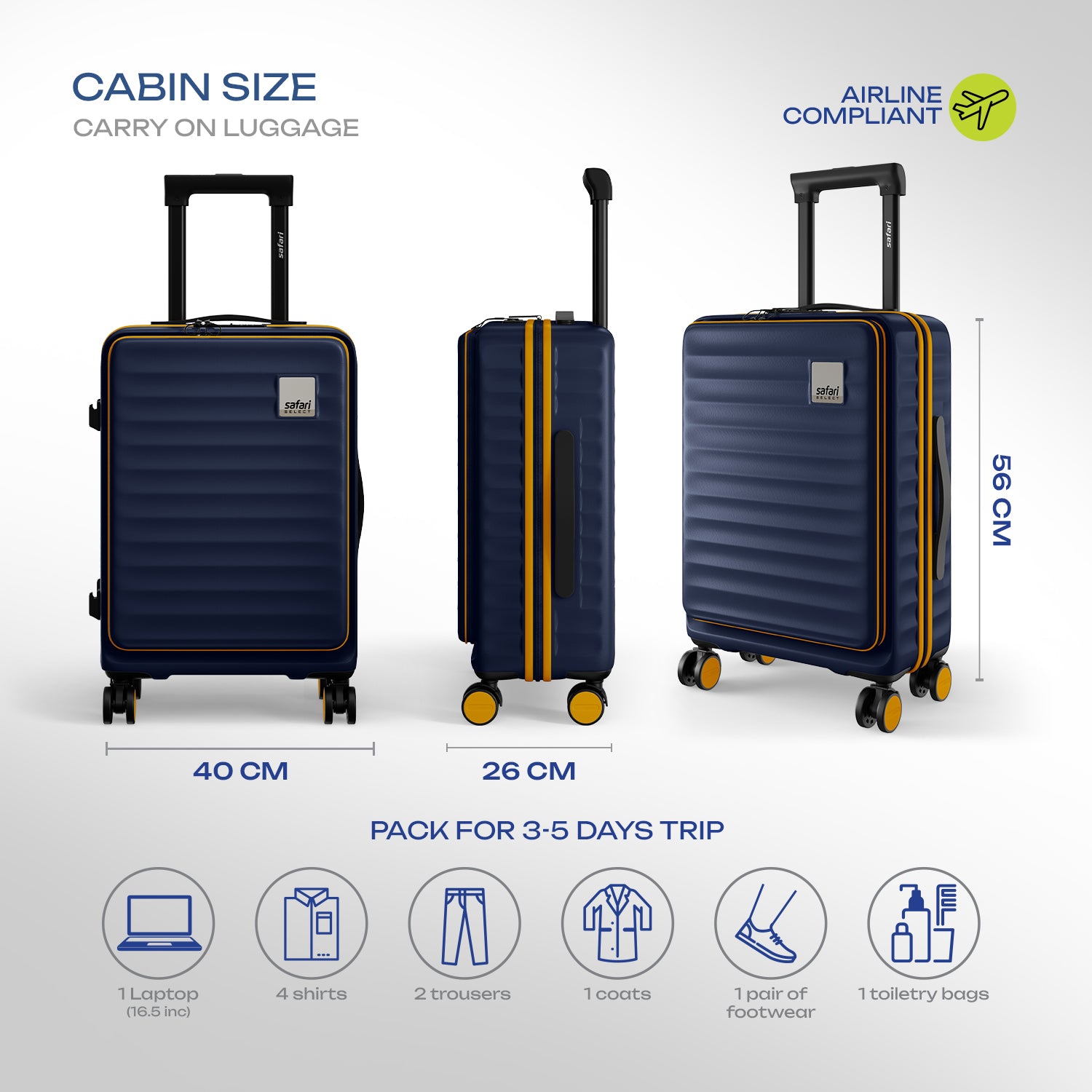 Safari Select Froniq Navy Blue Front opening Trolley Bag with TSA Lock, Dual wheels and Anti-Theft Zipper