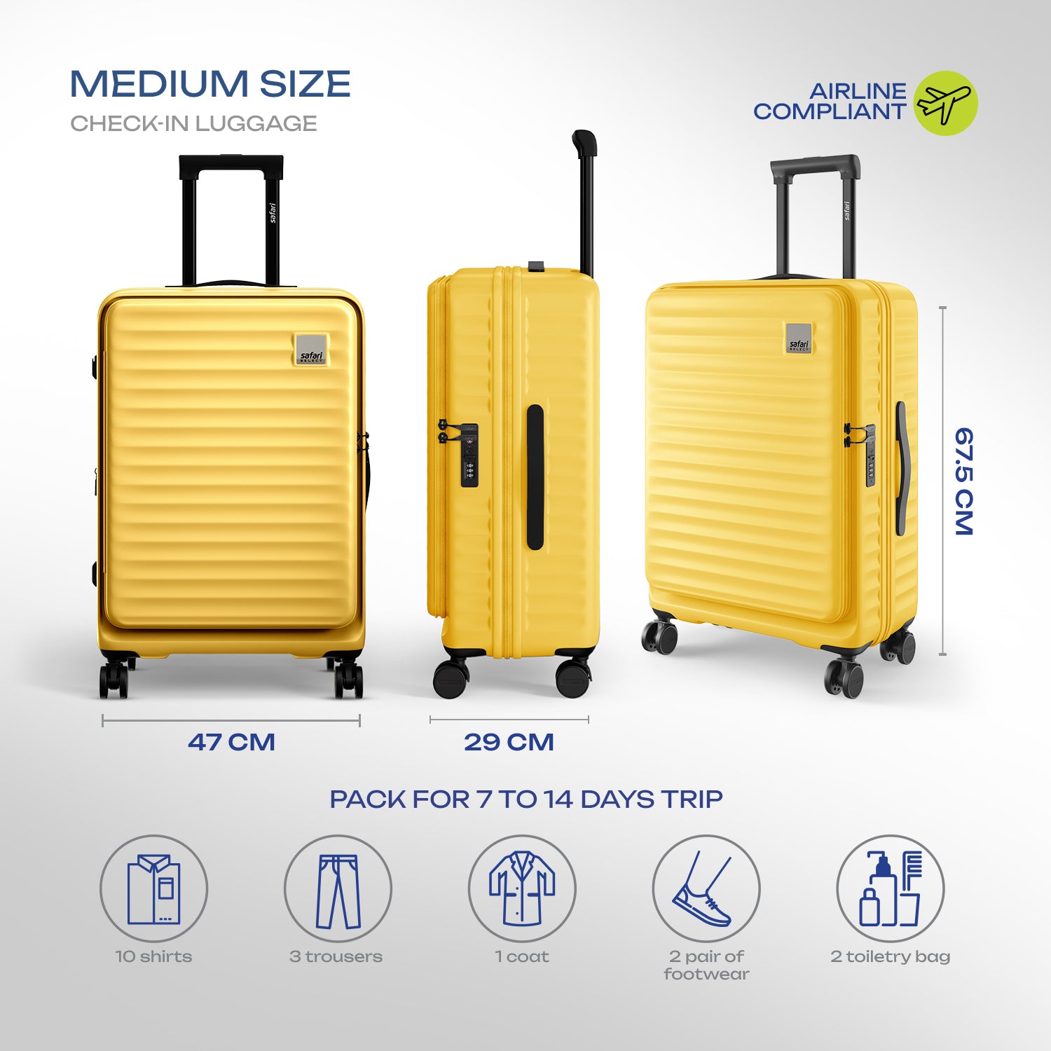 Safari Select Froniq Yellow Front opening Trolley Bag with TSA Lock, Dual wheels and Anti-Theft Zipper