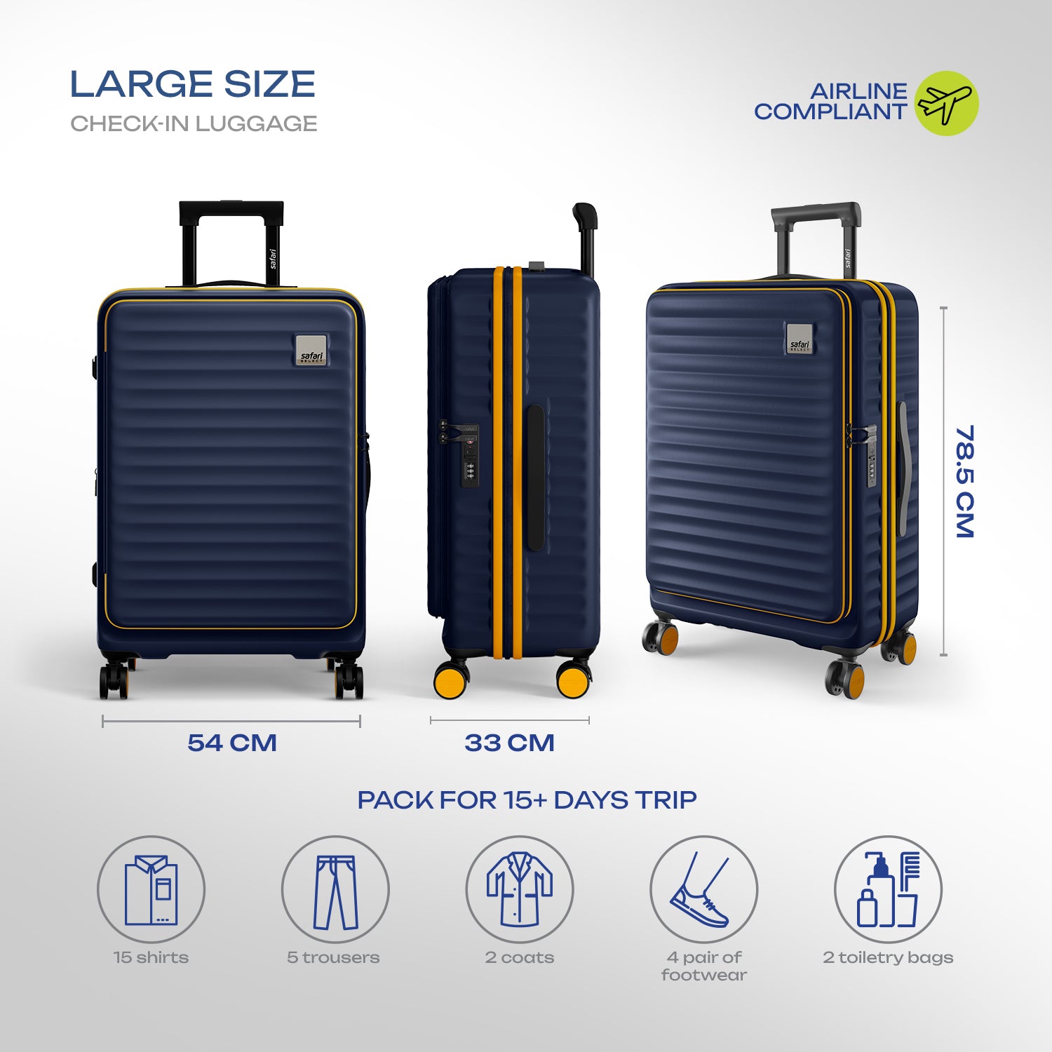 Safari Select Froniq Navy Blue Front opening Trolley Bag with TSA Lock, Dual wheels and Anti-Theft Zipper