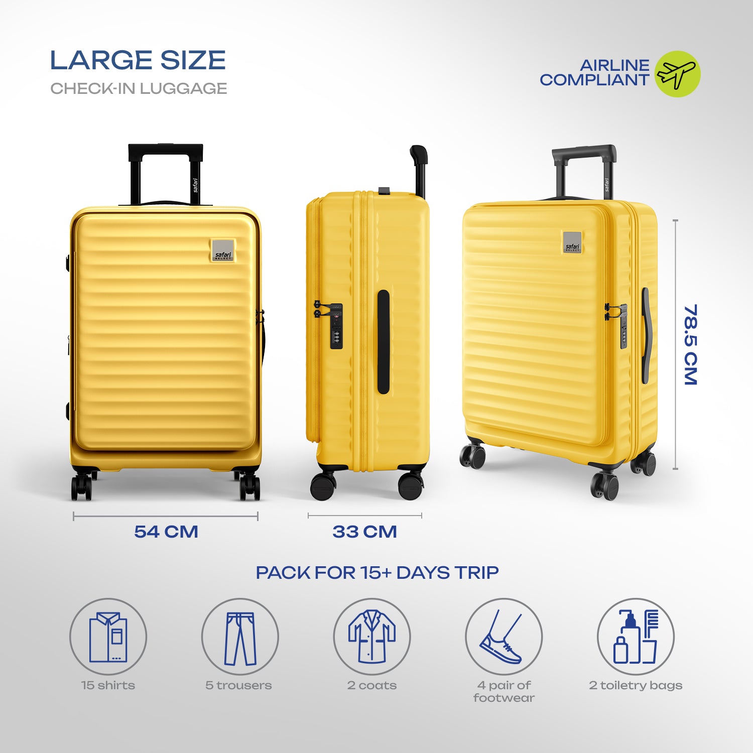 Safari Select Froniq Yellow Front opening Trolley Bag with TSA Lock, Dual wheels and Anti-Theft Zipper