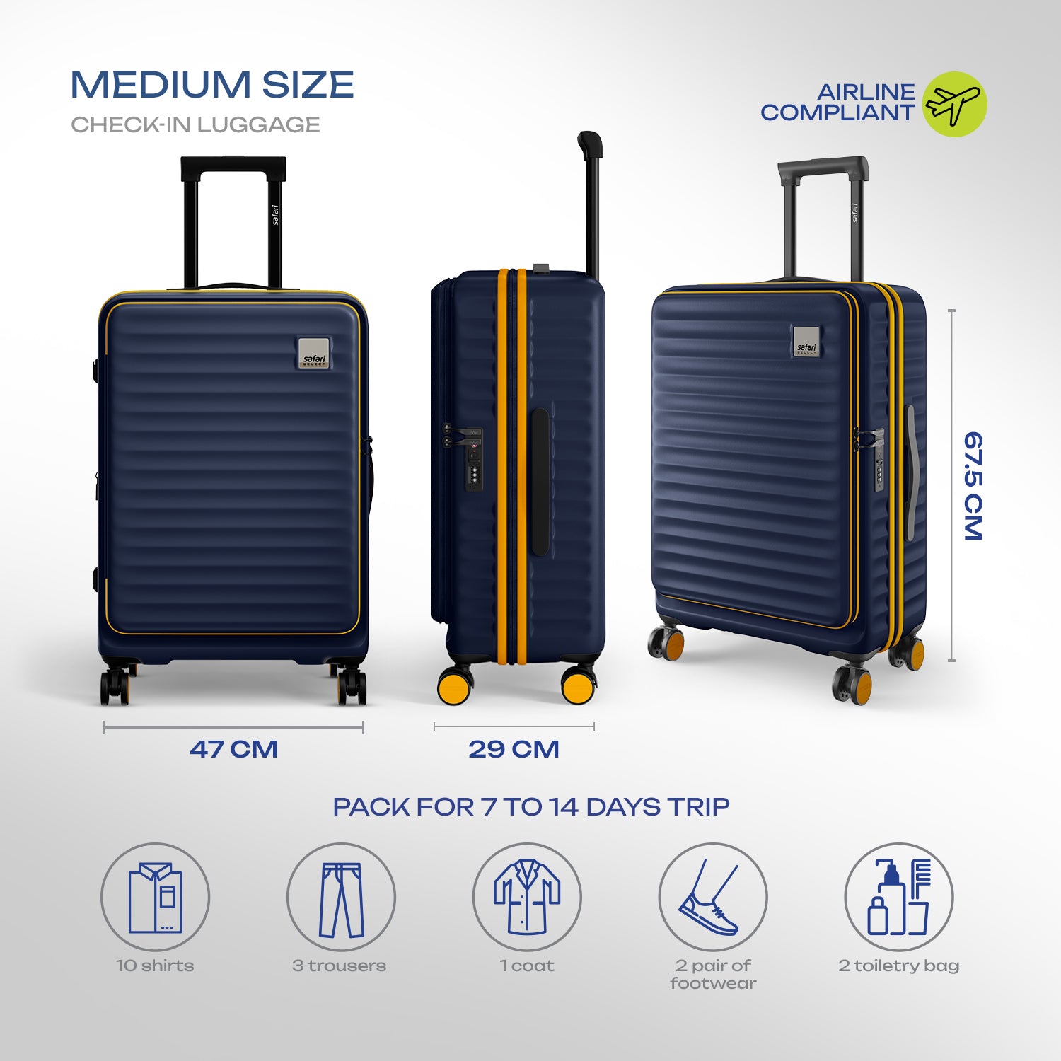 Safari Select Froniq Navy Blue Front opening Trolley Bag with TSA Lock, Dual wheels and Anti-Theft Zipper