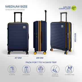 Safari Select Froniq Navy Blue Front opening Trolley Bag with TSA Lock, Dual wheels and Anti-Theft Zipper