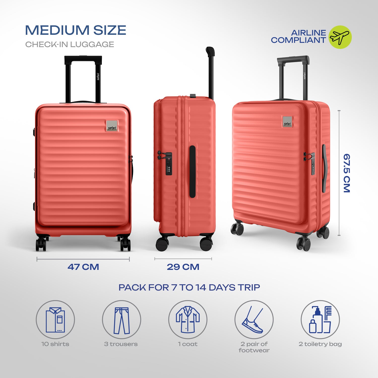Safari Select Froniq Coral Front opening Trolley Bag with TSA Lock, Dual wheels and Anti-Theft Zipper