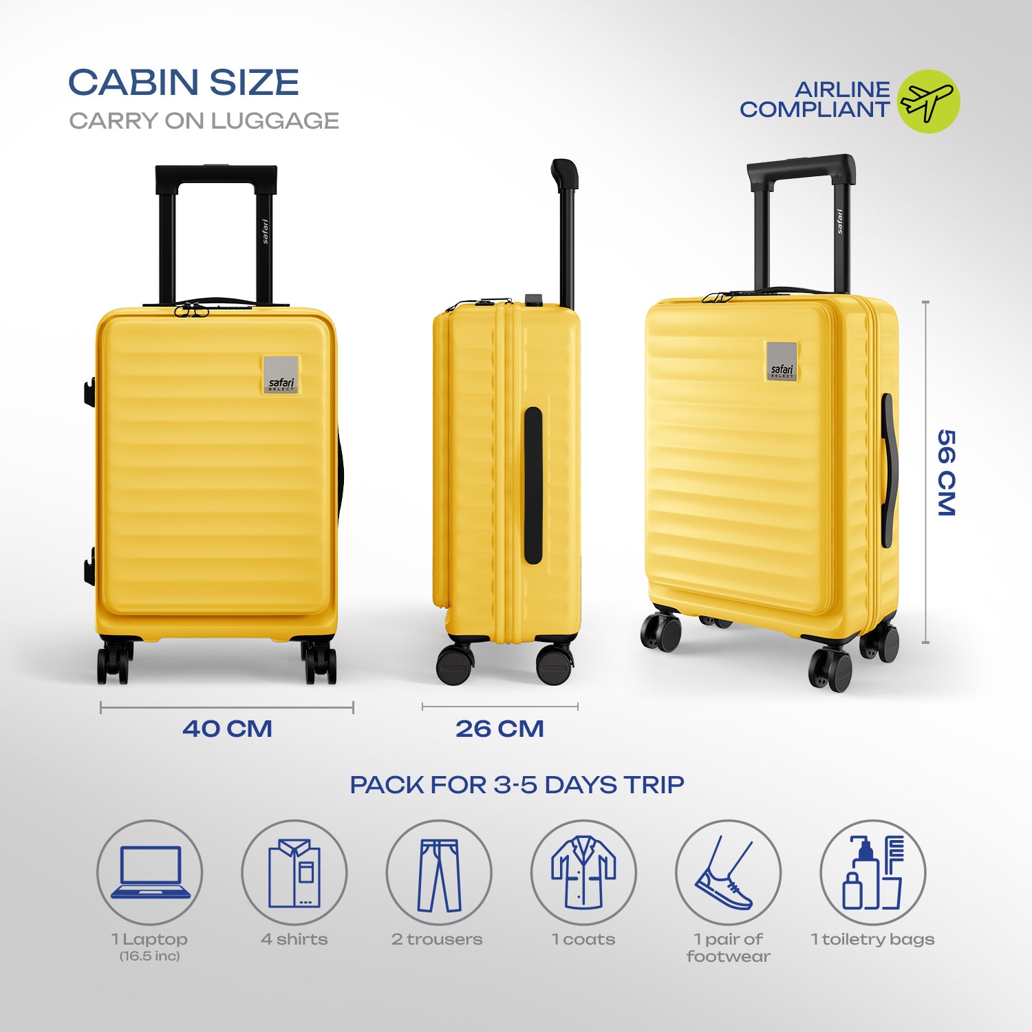 Safari Select Froniq Yellow Front opening Trolley Bag with TSA Lock, Dual wheels and Anti-Theft Zipper