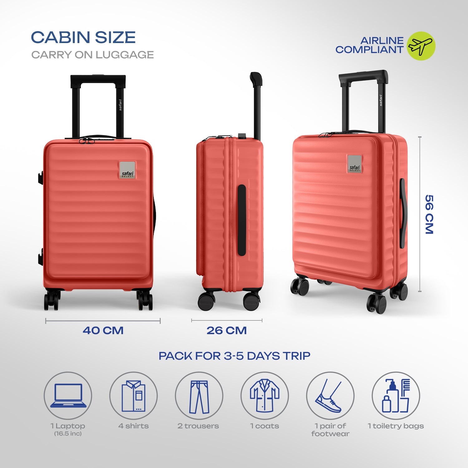 Safari Select Froniq Coral Front opening Trolley Bag with TSA Lock, Dual wheels and Anti-Theft Zipper