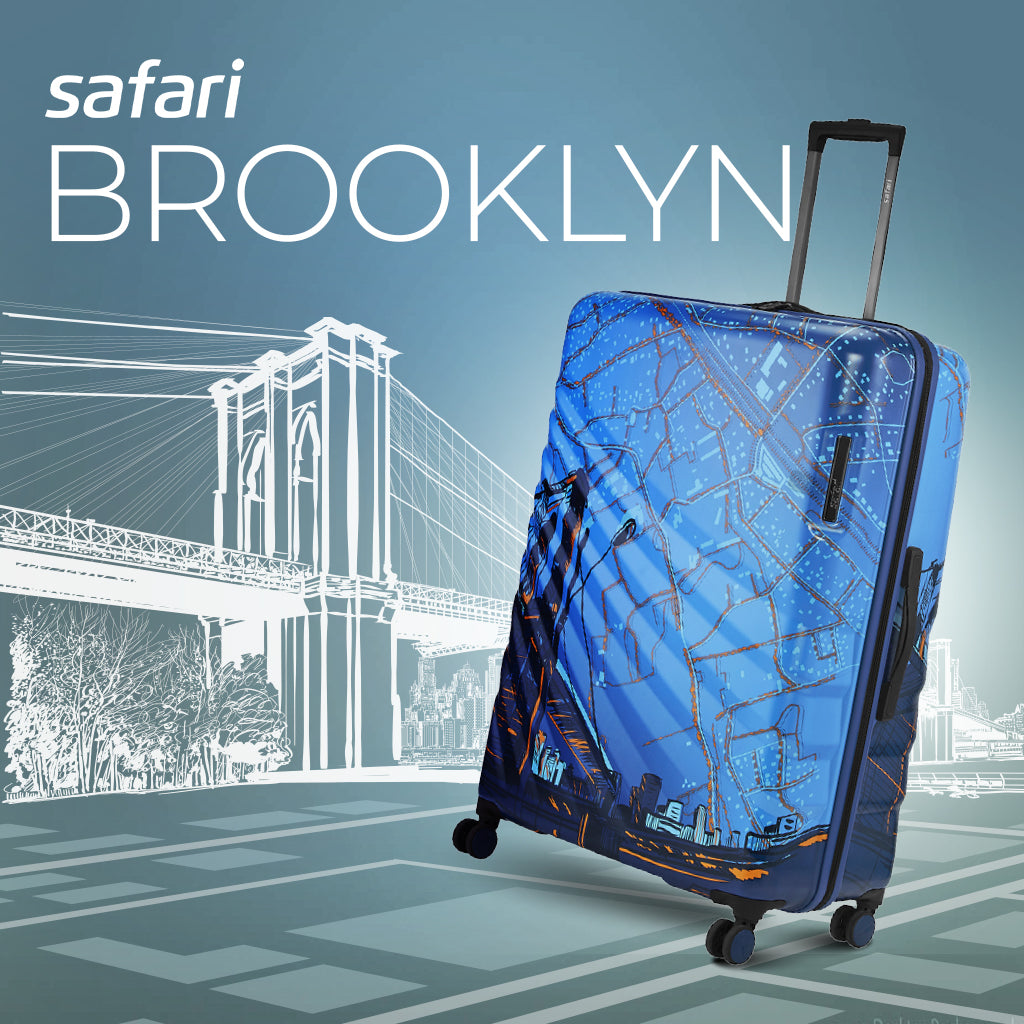 Safari Brooklyn Printed Blue Trolley Bag with TSA Lock, Dual wheels, Side Hooks and Wet Pouch