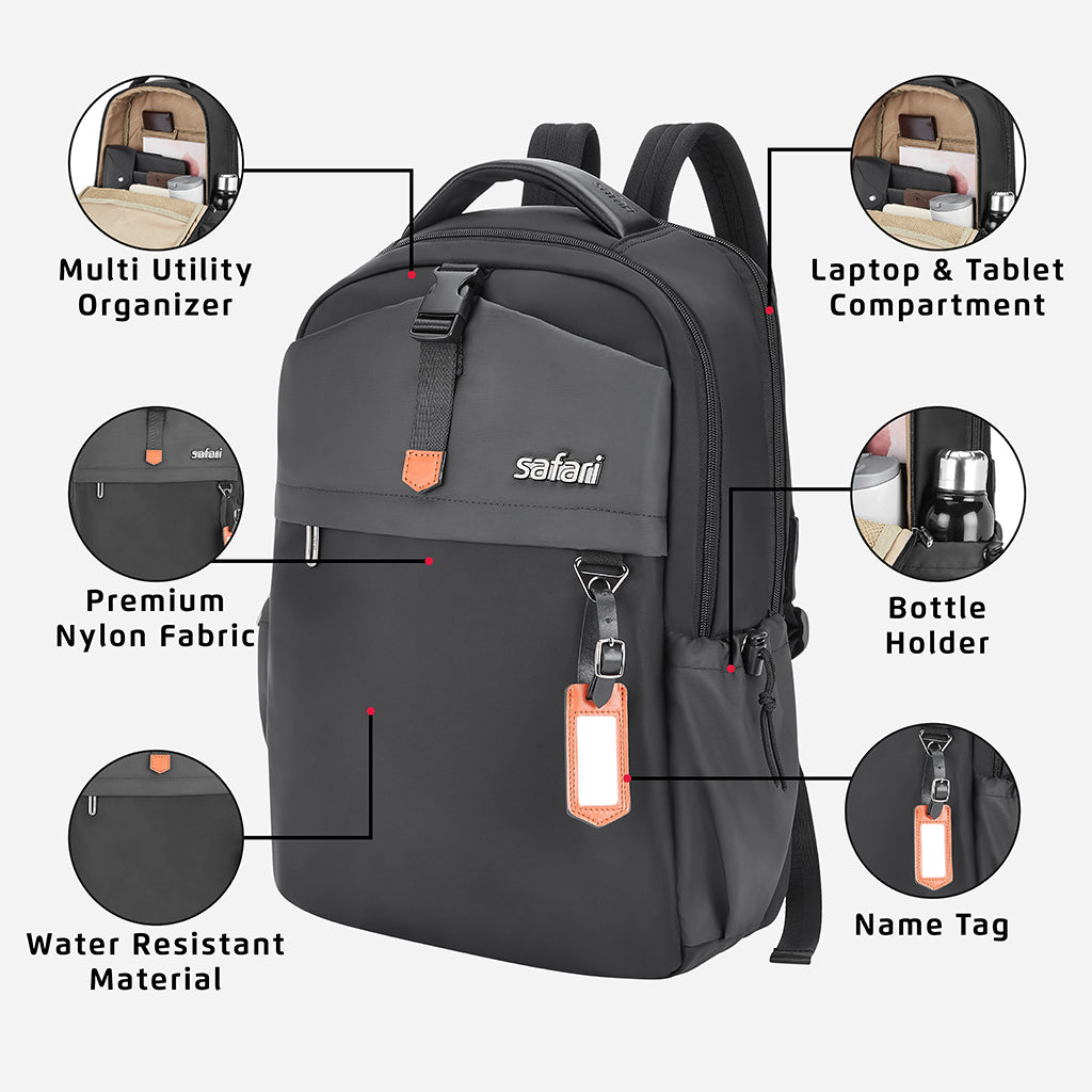 Safari Trooper 20L Black Formal Backpack with Premium Nylon Fabric, Name Tag and Trolley Sleeve