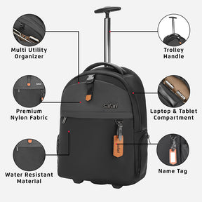 Trooper Travel Backpack with Trolley + Wheel, Detailed Interior, Name Tag and Premium Nylon Fabric - Black
