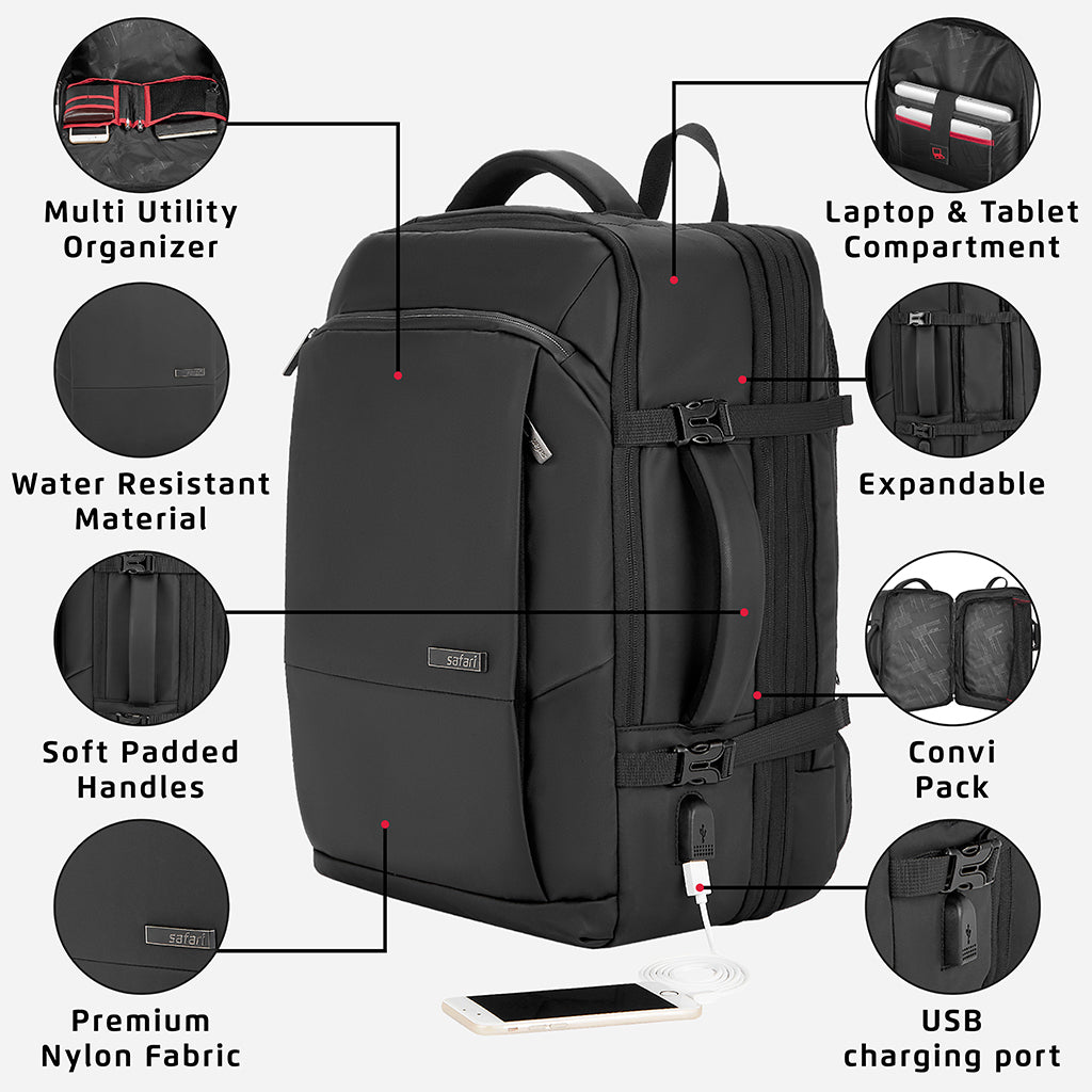 Safari Zeus 33L Black Formal Backpack Suitcase with Two Way Handle, Luggage Style Packing and Compression Straps