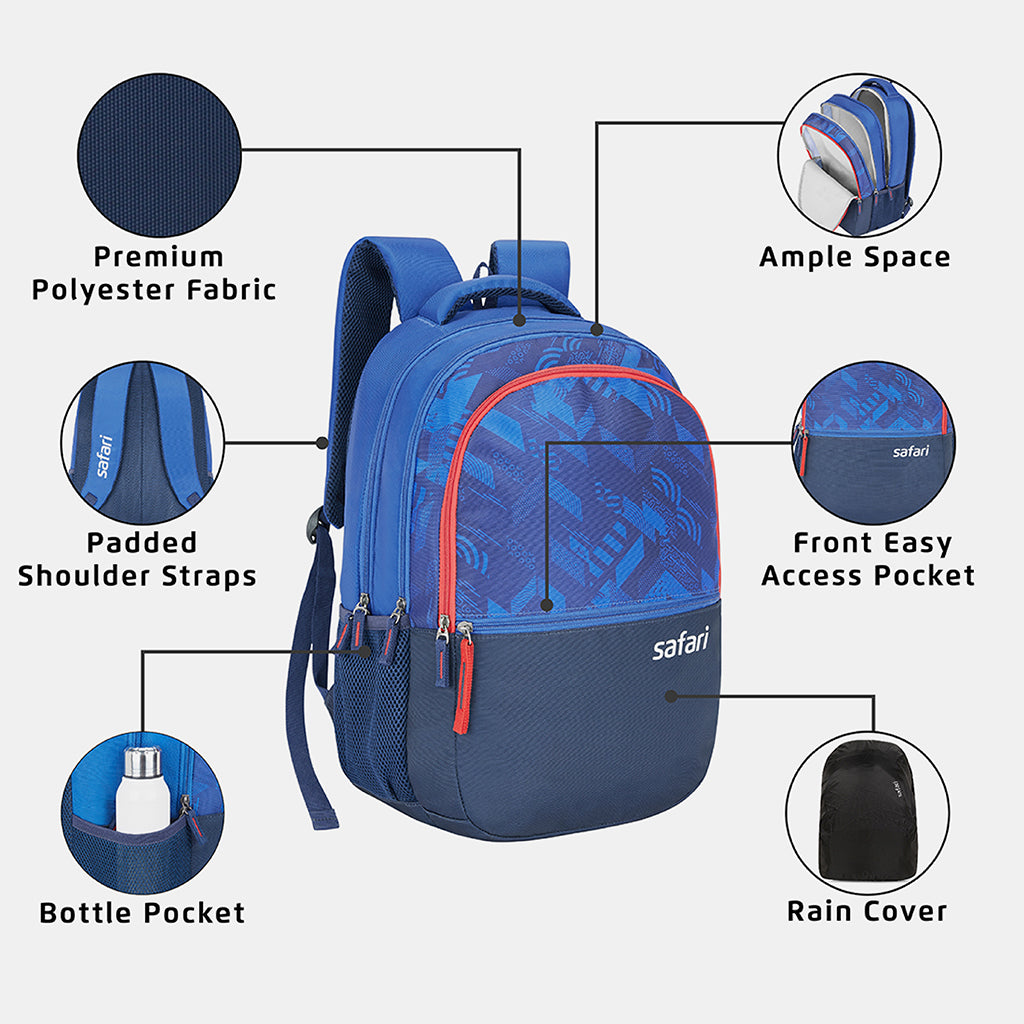 Safari Clan 35L Blue School Backpack with Rain cover