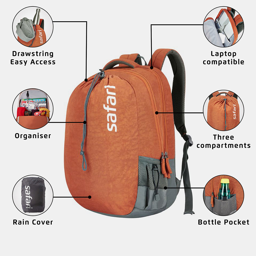 Safari Drawsting 44L Rust Orange Laptop Backpack with Raincover