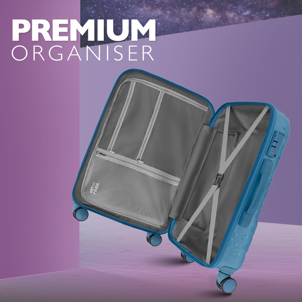 Safari Orbit Set of 3 Pearl Blue Trolley Bags with Premium Interior, Wet Pouch & Anti Theft Zipper