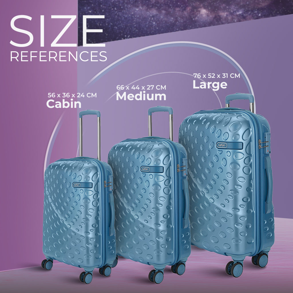 Safari Orbit Set of 3 Pearl Blue Trolley Bags with Premium Interior, Wet Pouch & Anti Theft Zipper