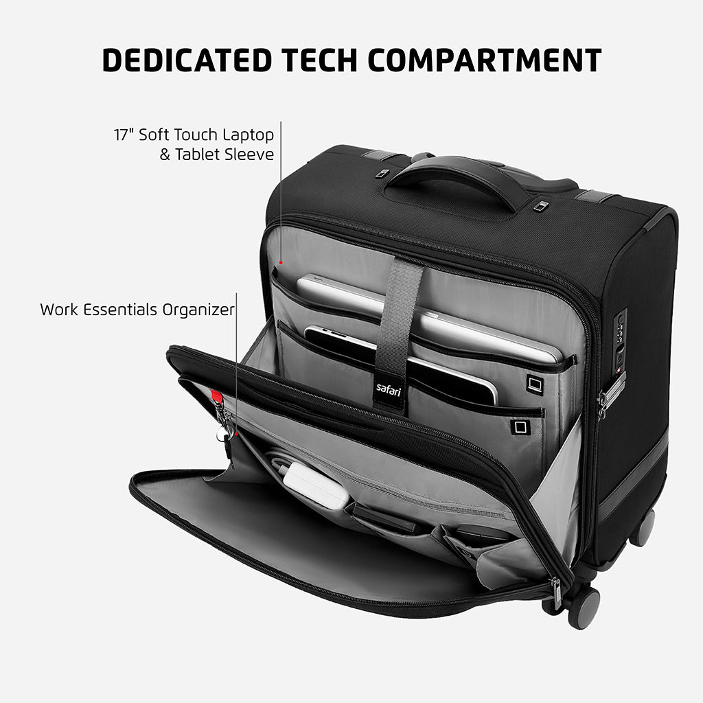 Safari Phoenix Black Overnighter Laptop Trolley Bag with TSA Lock and Detailed Interior.