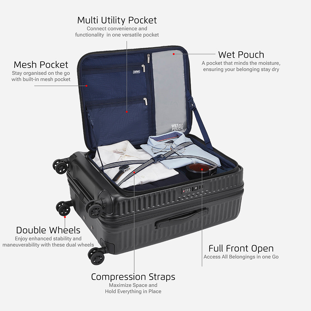 Safari Select Recoil Black Large Front opening Trolley Bag with Expander, TSA Lock, Dual wheels and Anti-Theft Zipper