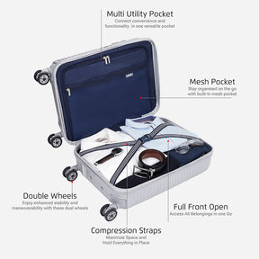 Safari Select Recoil Silver Cabin Size Trolley Bag with Laptop Compartment, TSA Lock, Dual wheels and Anti-Theft Zipper