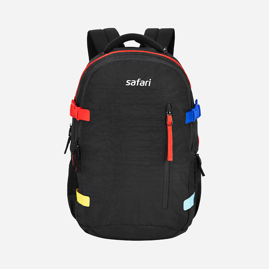 Safari Signature 30L Black Laptop Backpack with Raincover, Compression Straps, Carabiner and Detailed Interior