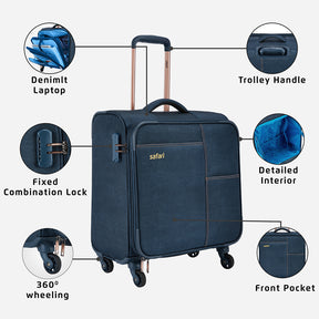 Denim Overnighter Laptop Trolley with Fixed Lock and Detailed Interior  - Navy Blue